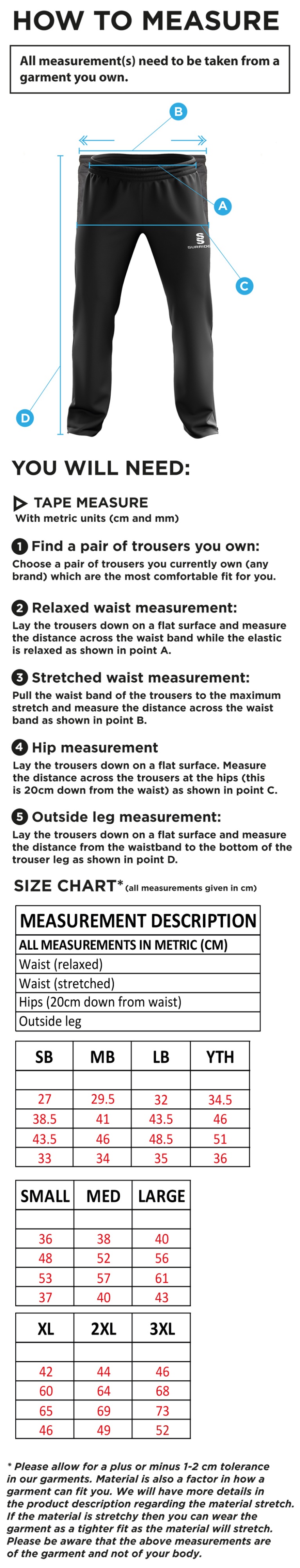Newark R&M CC - Ripstop Track Pant - Size Guide