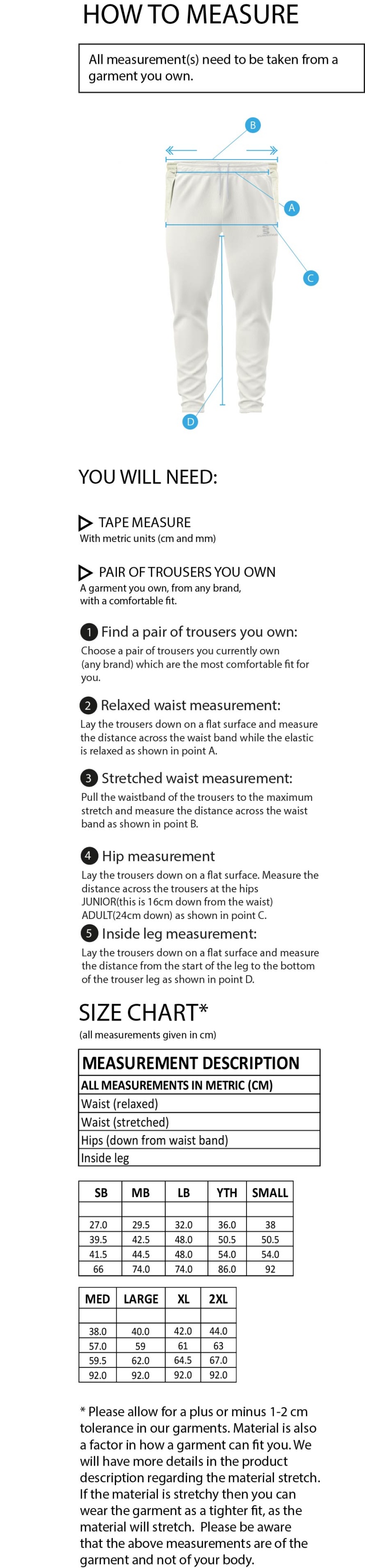 Newark R&M CC - Blade Playing Pants - Size Guide