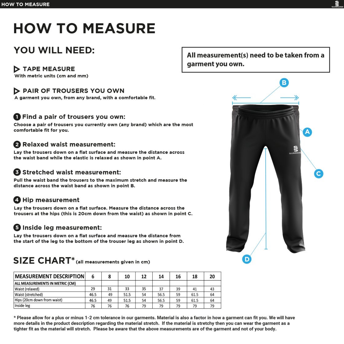 Newark R&M CC - Women's Poplin Track Pant - Size Guide
