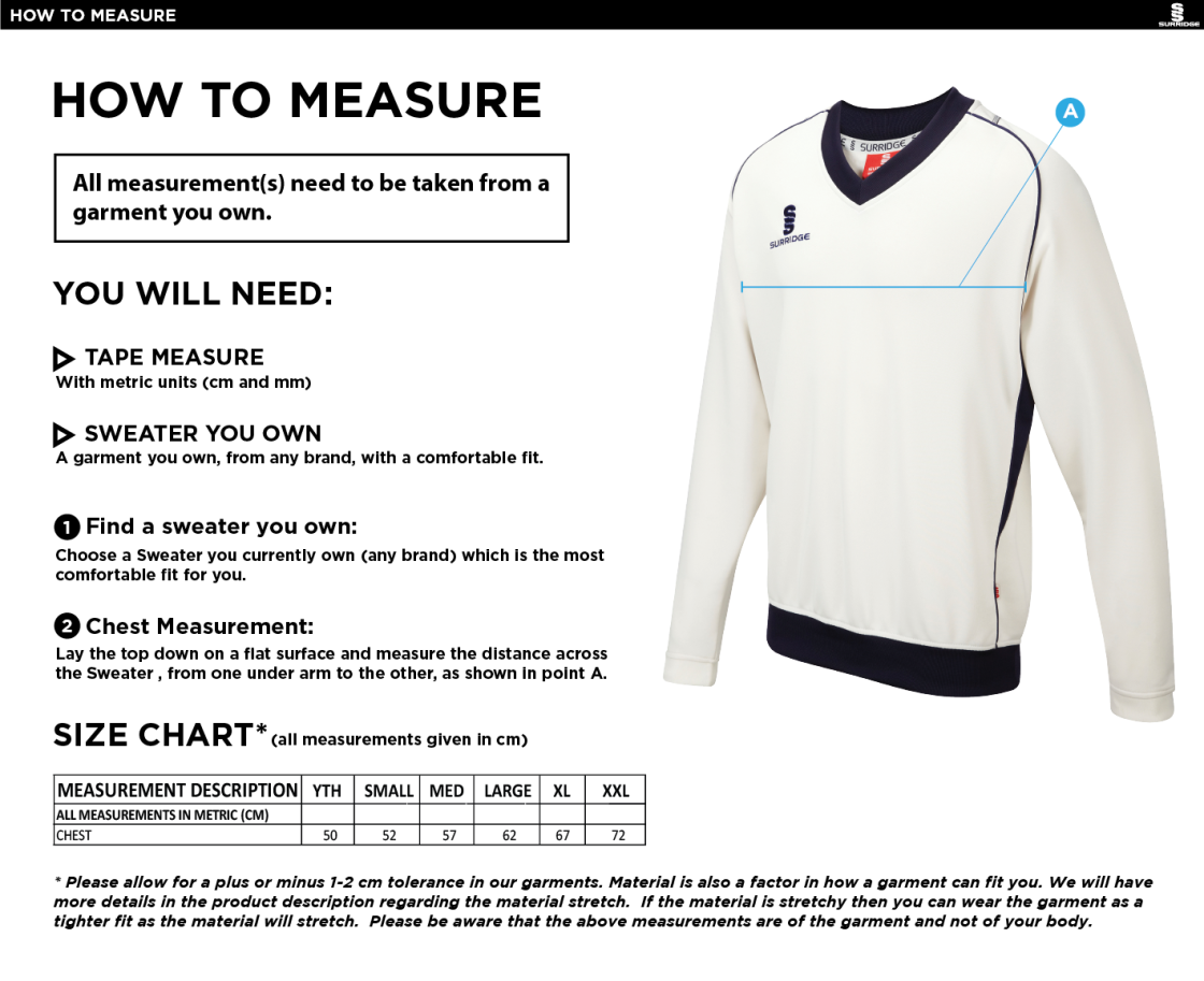 Newark R&M CC - Long Sleeve Sweater Navy Trim - Size Guide