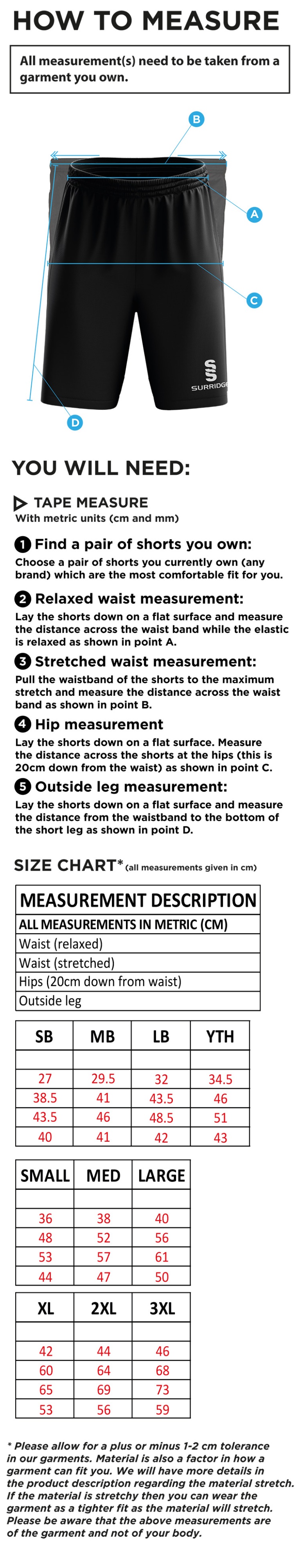 Newark R&M CC - Blade Shorts - Size Guide