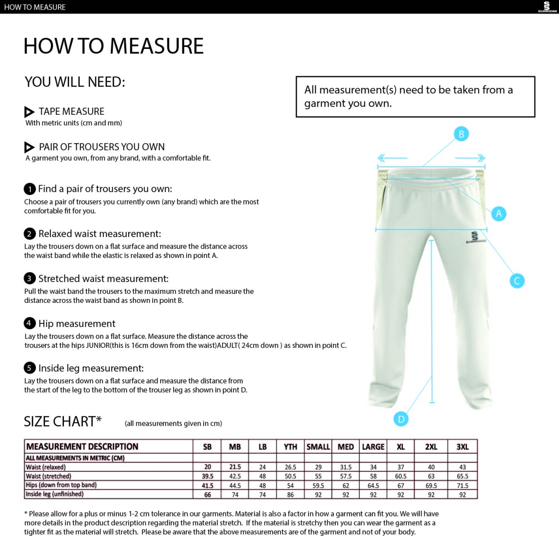 Newark R&M CC - Standard Playing Pant - Size Guide