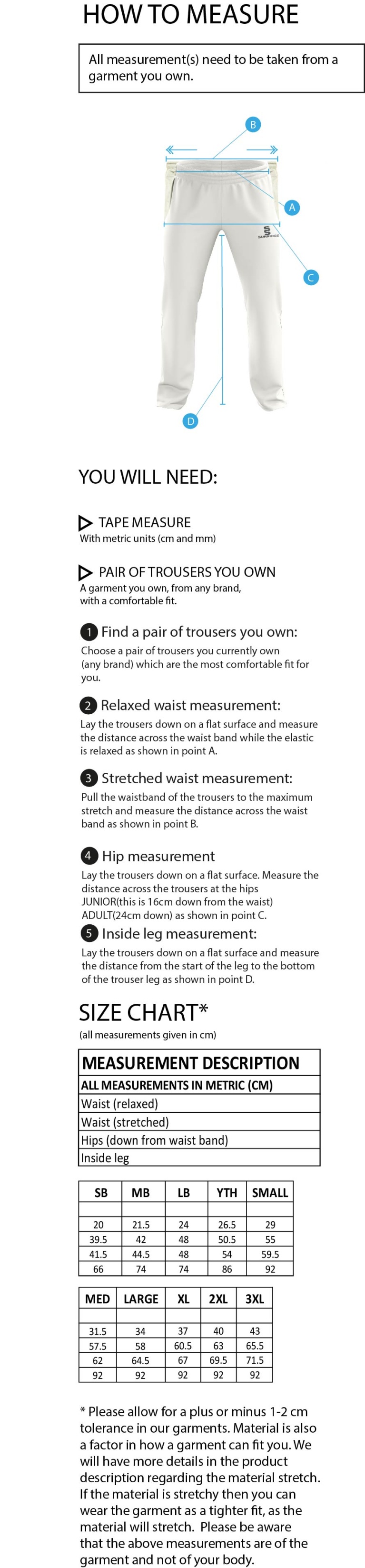 Newark R&M CC - Standard Playing Pant - Size Guide