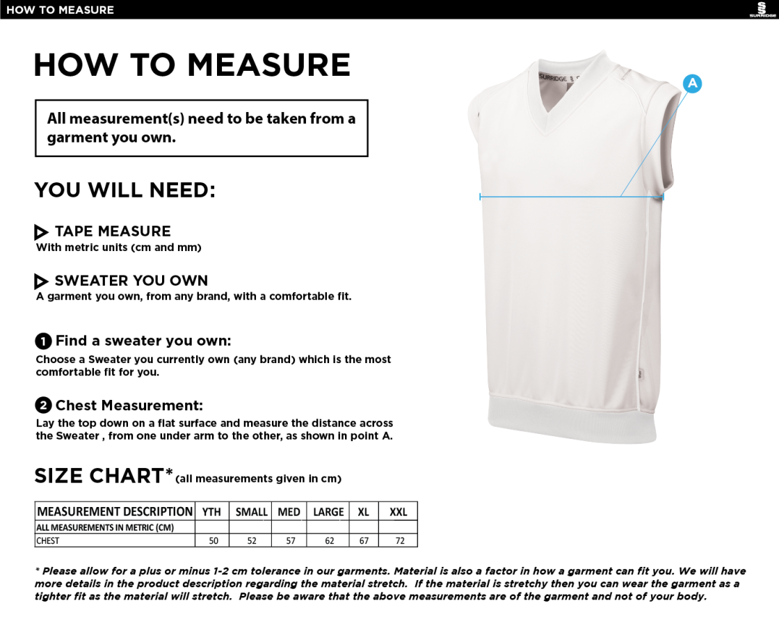 Newark R&M CC - Sleeveless Sweater Navy Trim - Size Guide
