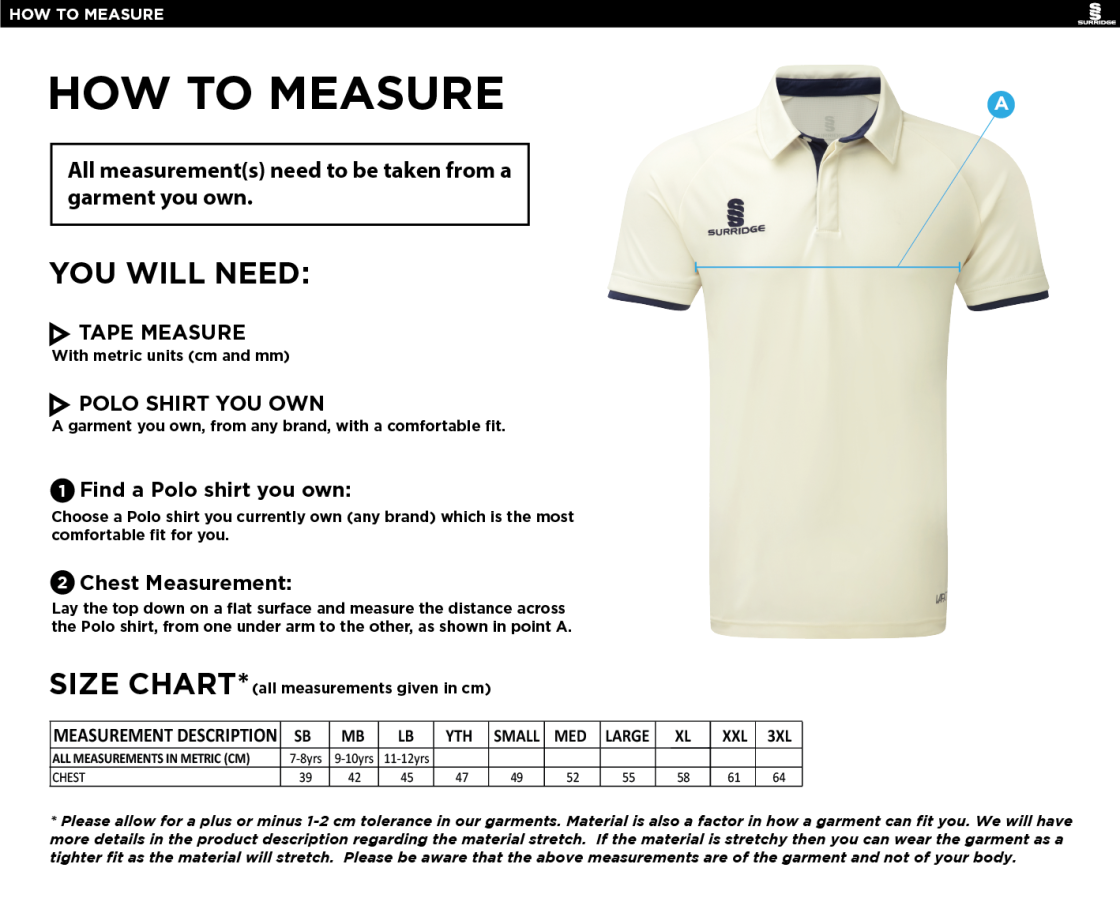 Newark R&M CC - Ergo Short Sleeve Navy Trim Shirt - Size Guide