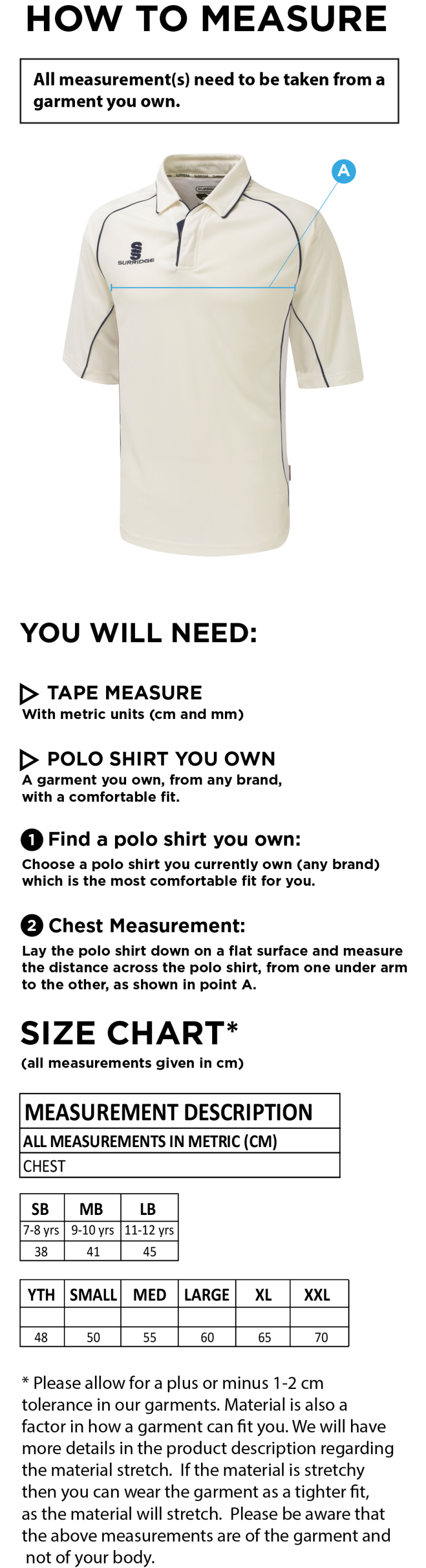 Newark R&M CC - Premier 3/4 Sleeve Navy Trim Shirt - Size Guide