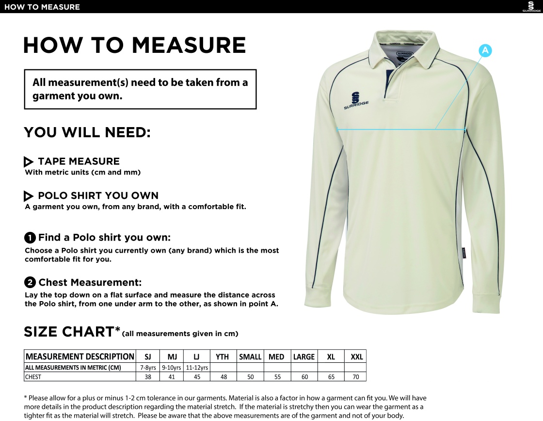 Newark R&M CC - Premier Long Sleeve Navy Trim Shirt - Size Guide