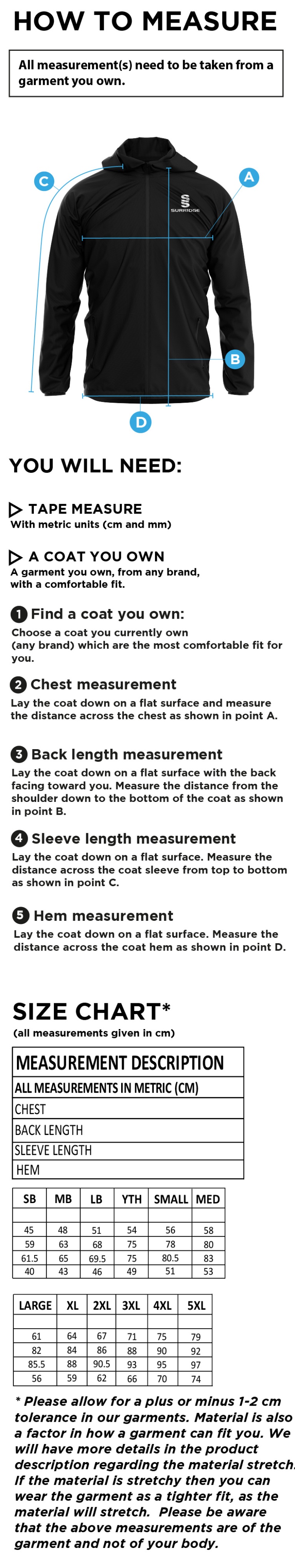 Newark R&M CC - Training Jacket - Size Guide