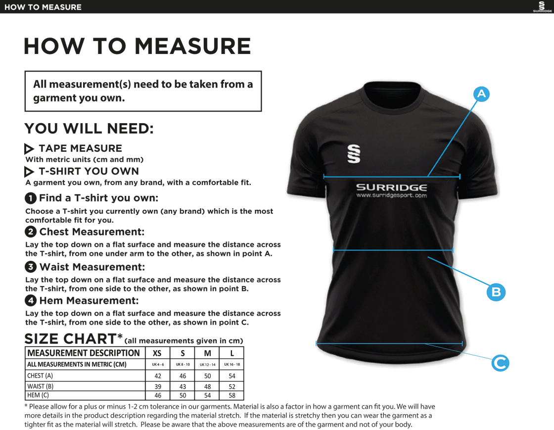Newark R&M CC - Women's Blade Polo - Size Guide