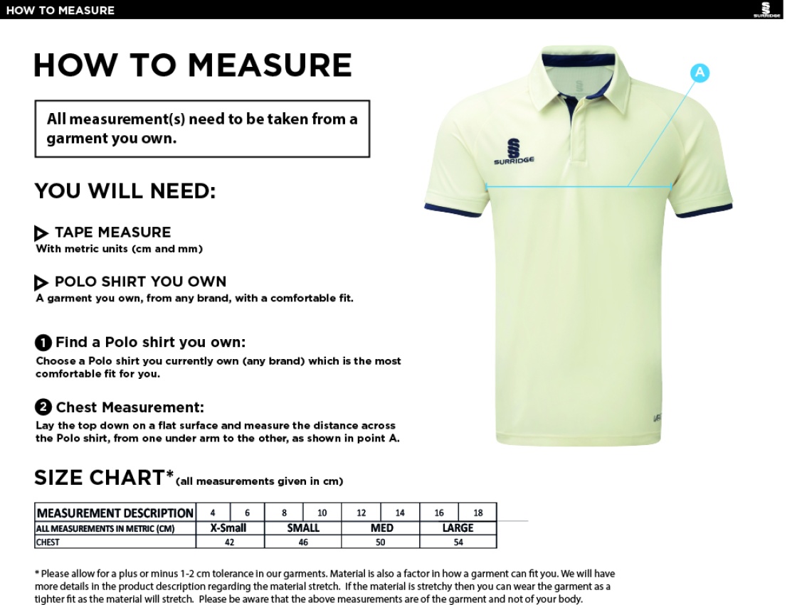 NEWARK R&M CC Dual Cricket Shirt Short Sleeve Womens - Size Guide