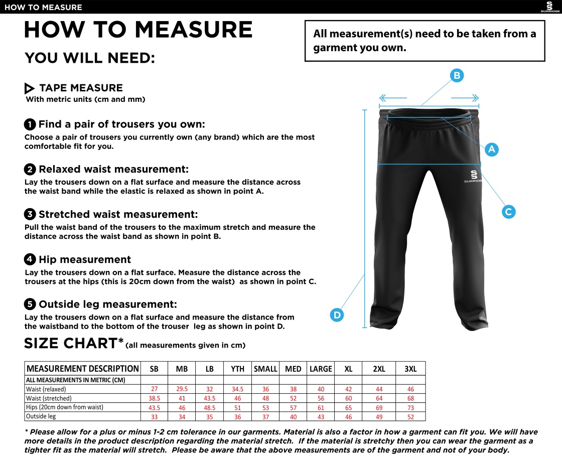 Newark R&M CC - Ripstop Track Pant - Size Guide