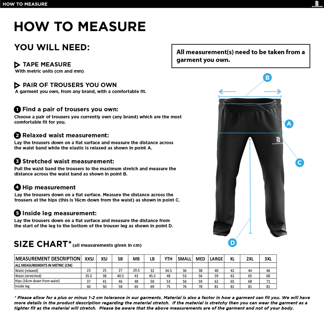 Newark R&M CC - Poplin Track Pant - Size Guide