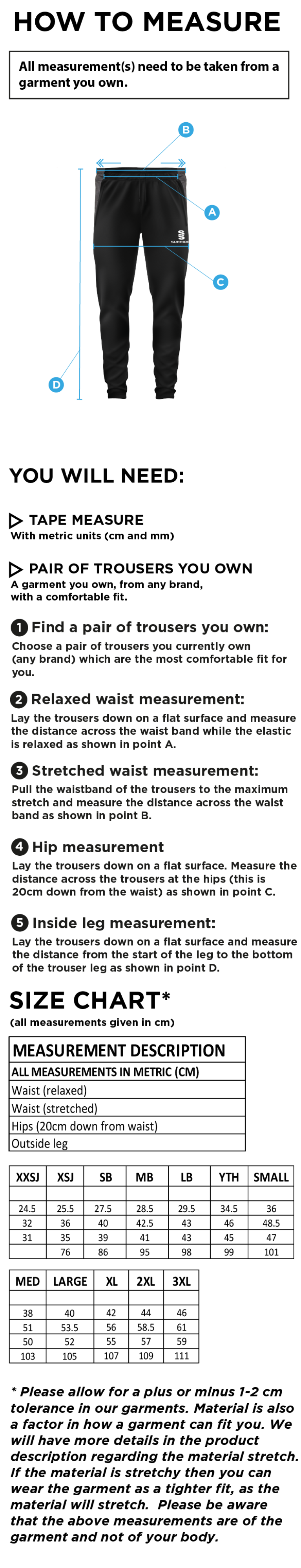 Newark R&M CC - Tek Slim Pant - Size Guide