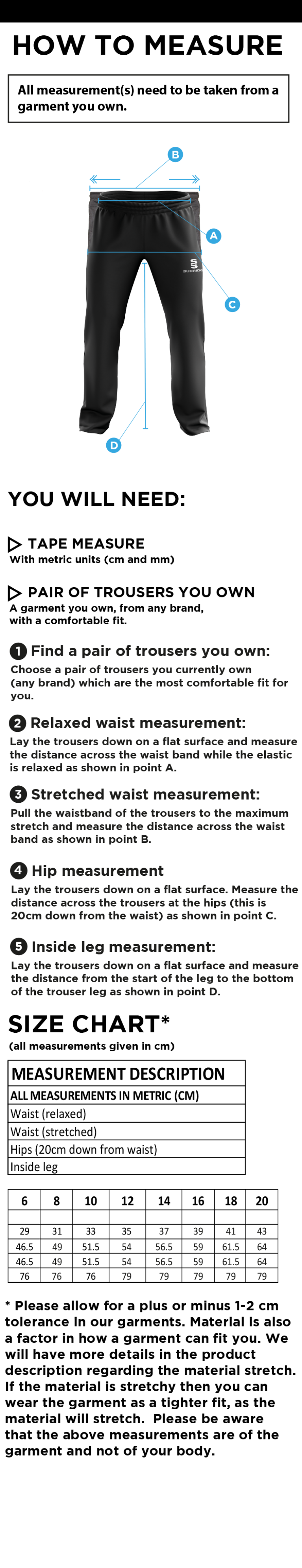 Newark R&M CC - Women's Poplin Track Pant - Size Guide