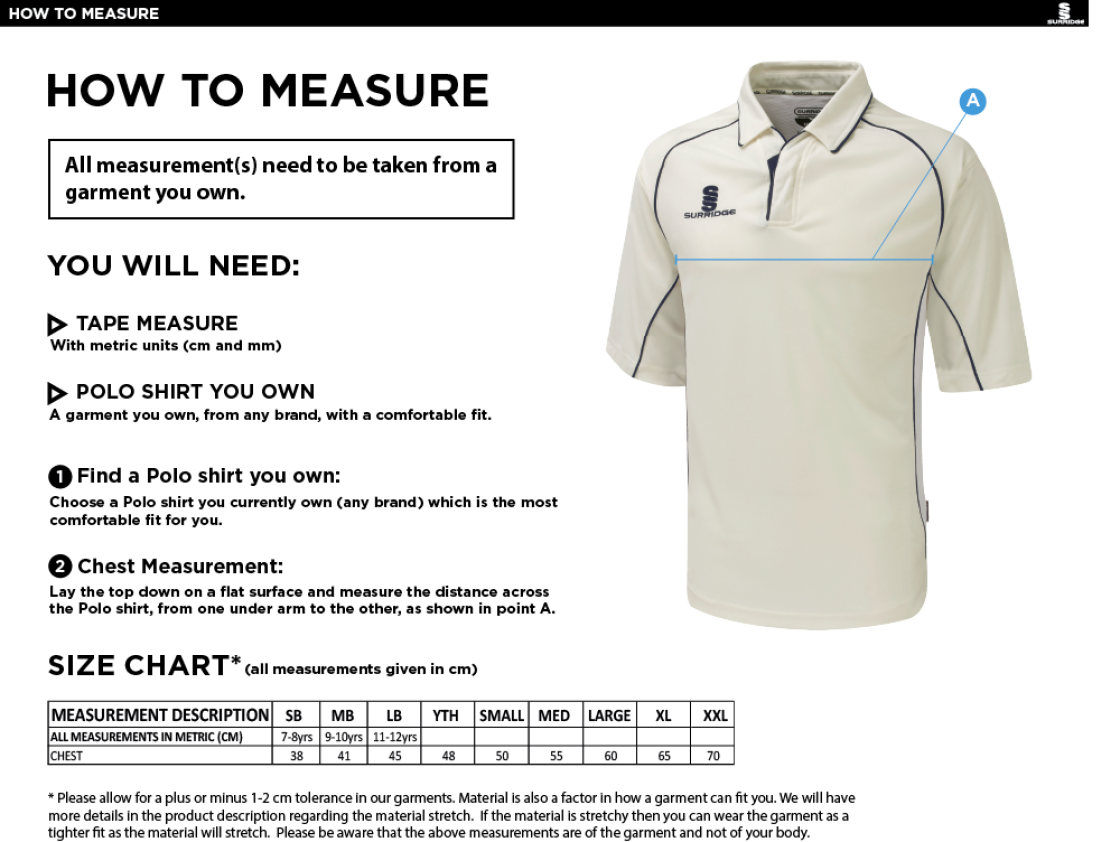 Newark R&M CC - Premier 3/4 Sleeve Navy Trim Shirt - Size Guide