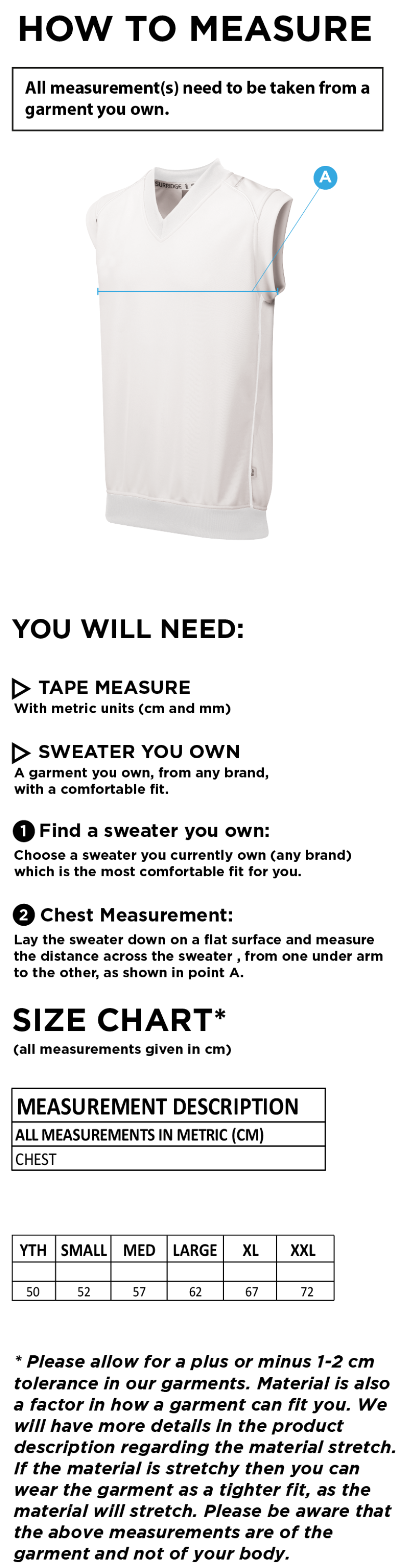 Newark R&M CC - Sleeveless Sweater Navy Trim - Size Guide