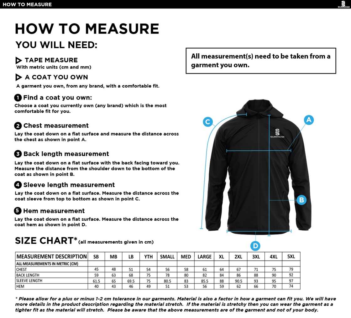 Newark R&M CC - Training Jacket - Size Guide