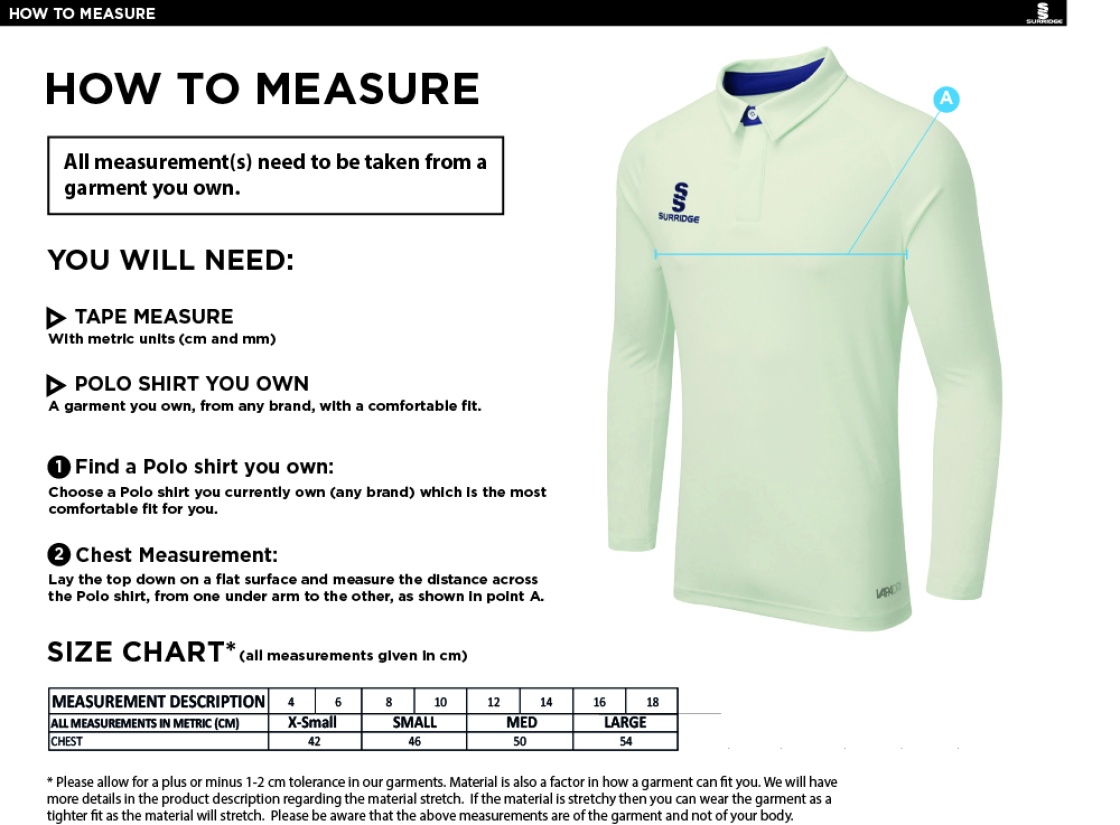 NEWARK R&M CC DUAL LONG SLEEVE CRICKET SHIRT (WOMENS)-Ivory - Size Guide