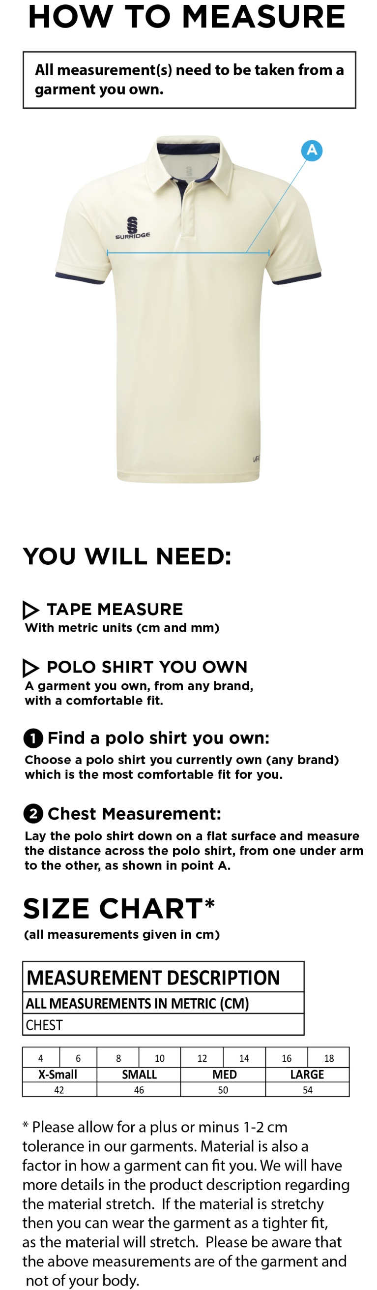 NEWARK R&M CC Dual Cricket Shirt Short Sleeve Womens - Size Guide