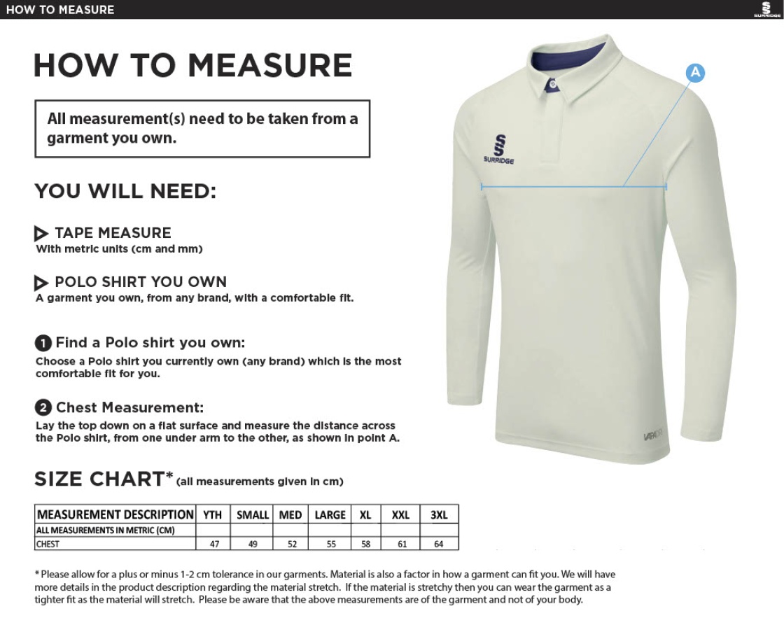 Newark R&M CC - Ergo Long Sleeve Navy Trim Shirt - Size Guide