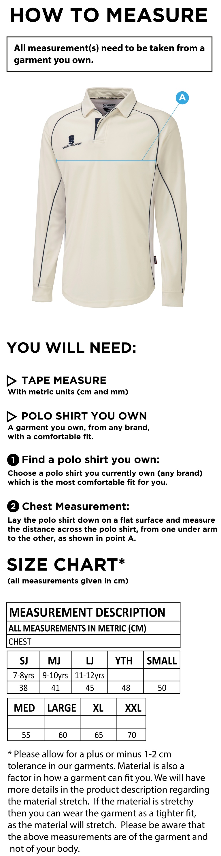 Newark R&M CC - Premier Long Sleeve Navy Trim Shirt - Size Guide